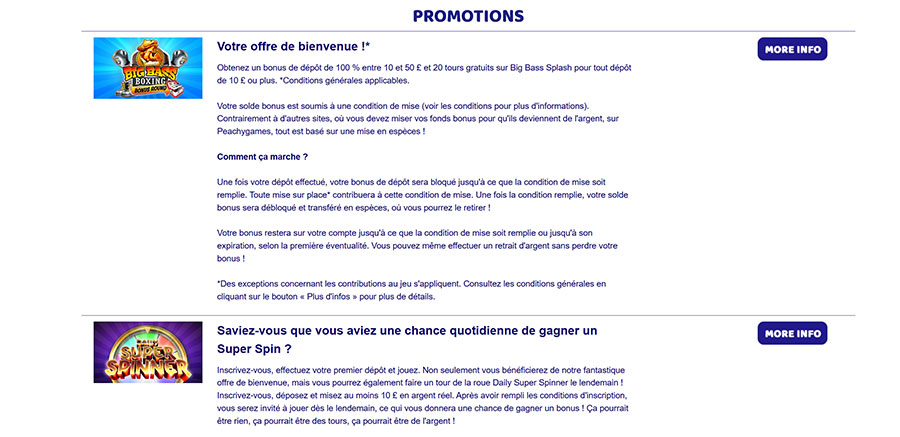 page des promotions peach casino